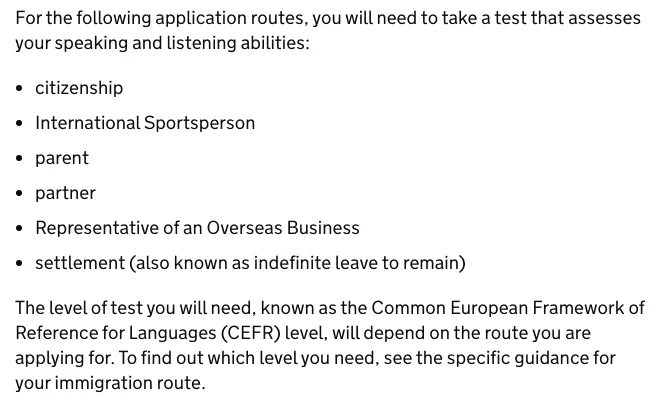 GOV.UK's SELT page listing the routes that use a speaking and listening test, including citizenship and settlement