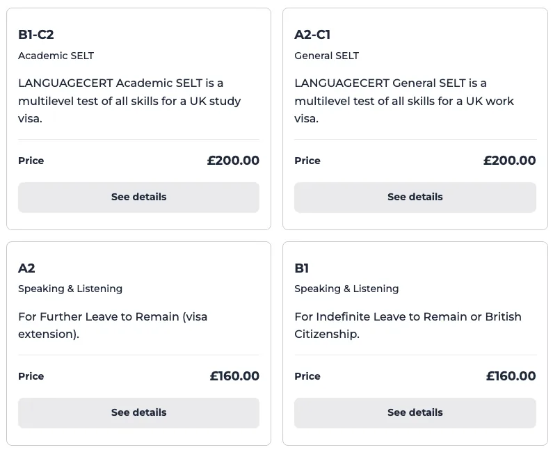 LanguageCert's SELT price cards with the United Kingdom selected, including Speaking and Listening B1 at £160.00