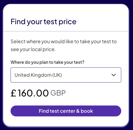 The price box on Pearson's PTE Home B1 page with United Kingdom (UK) selected, showing £160.00 GBP