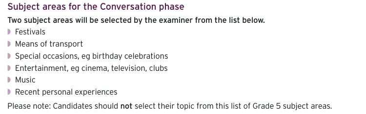The list of Grade 5 subject areas for the Conversation phase in Trinity's GESE Exam Information