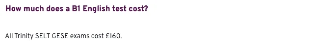 Trinity's B1 English test page: All Trinity SELT GESE exams cost £160